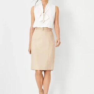 Ann Taylor Sand Linen Belted Pencil Skirt 8